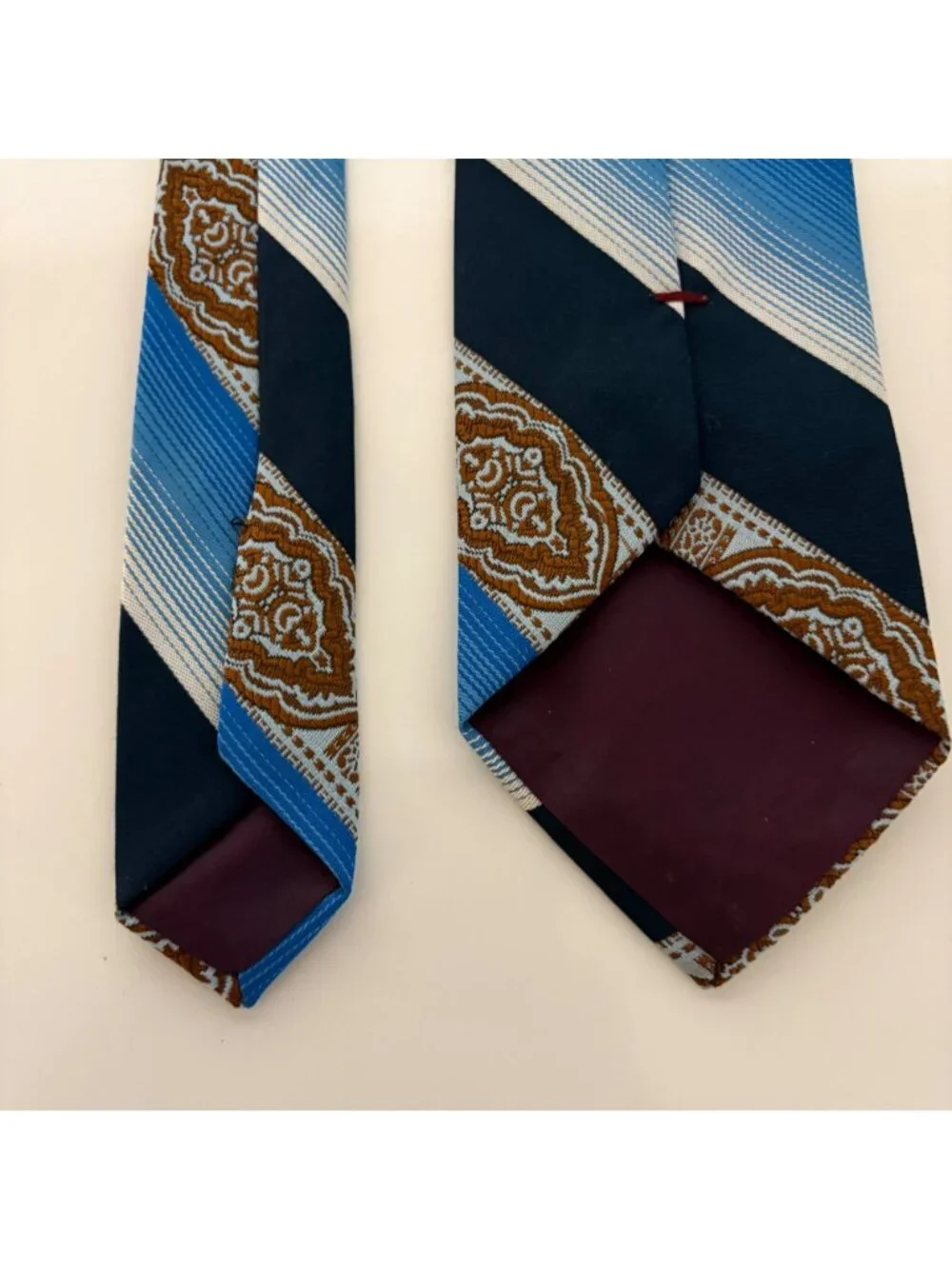 Vintage Polyester Tie Blue Rust Abstract Striped Mens Necktie Classic Office